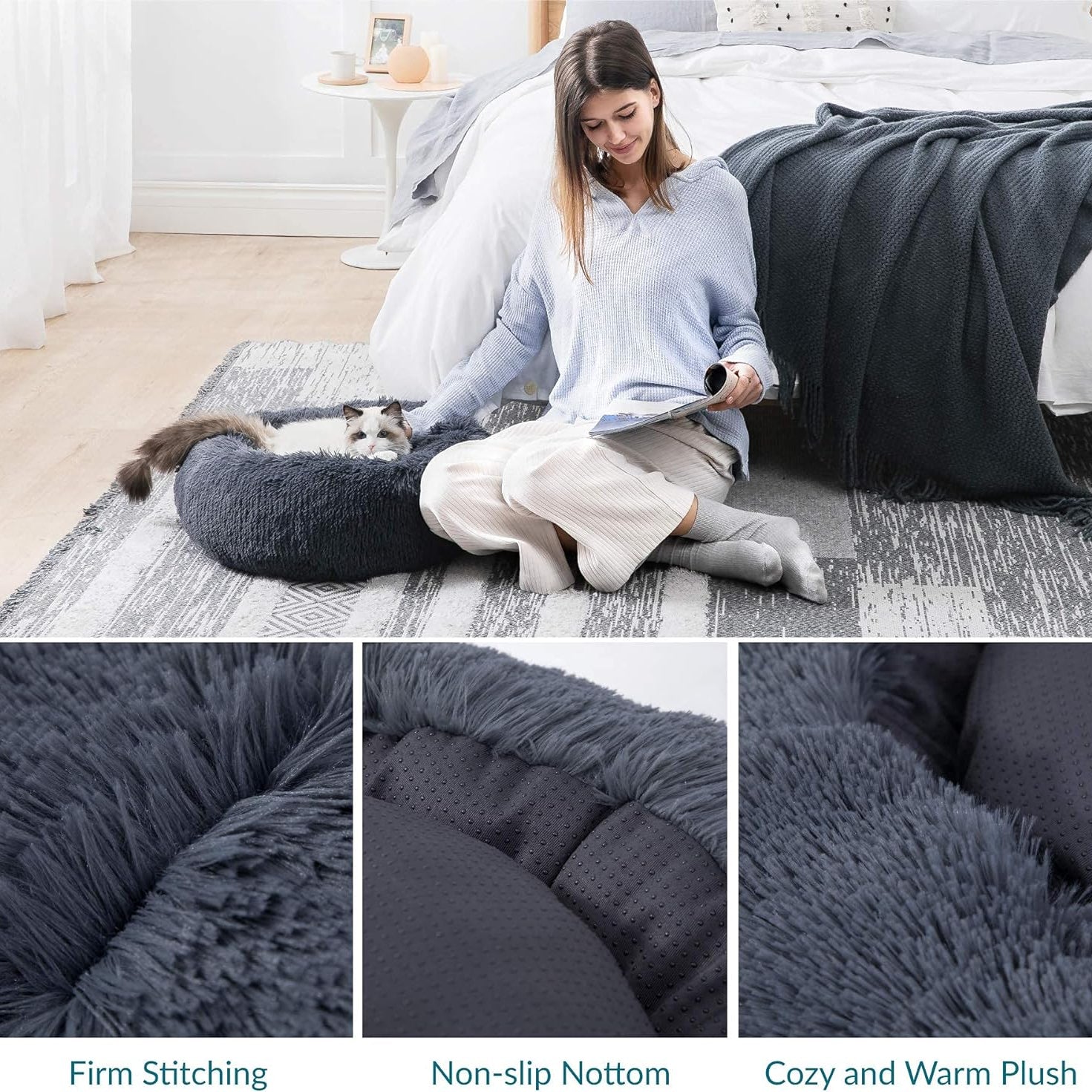 Dark Grey Donut Cat Bed by HappinessPaws™ - Soft and Cozy Sleeping Spot for Cats