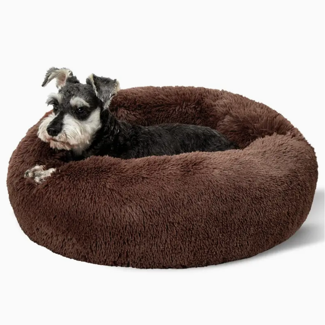 An L-sized Brown Donut Bed by HappinessPaws™, providing a comfortable 60 cm diameter sleeping area