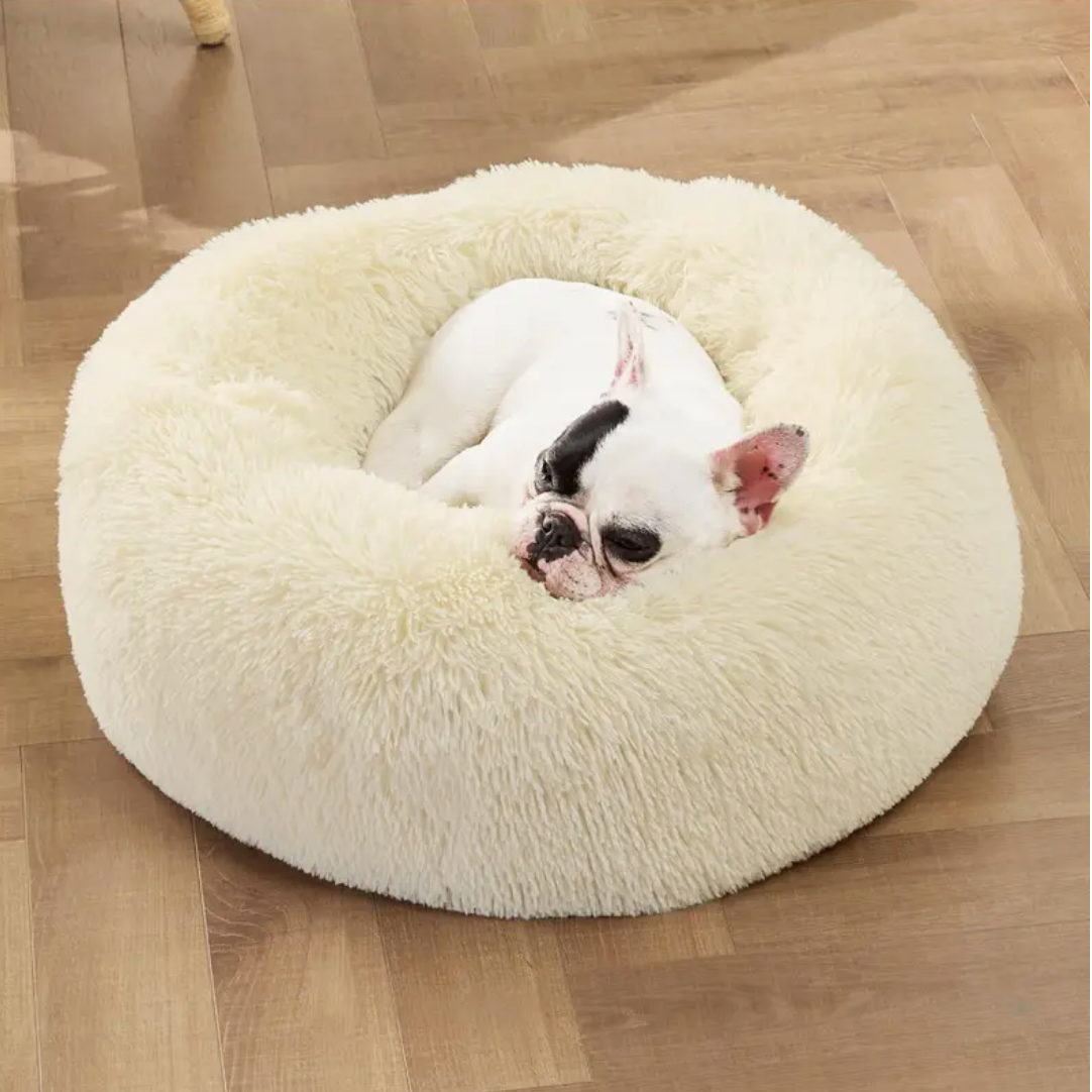 An M-sized Beige Donut Bed by HappinessPaws™, offering a cozy 50 cm diameter for small pets.