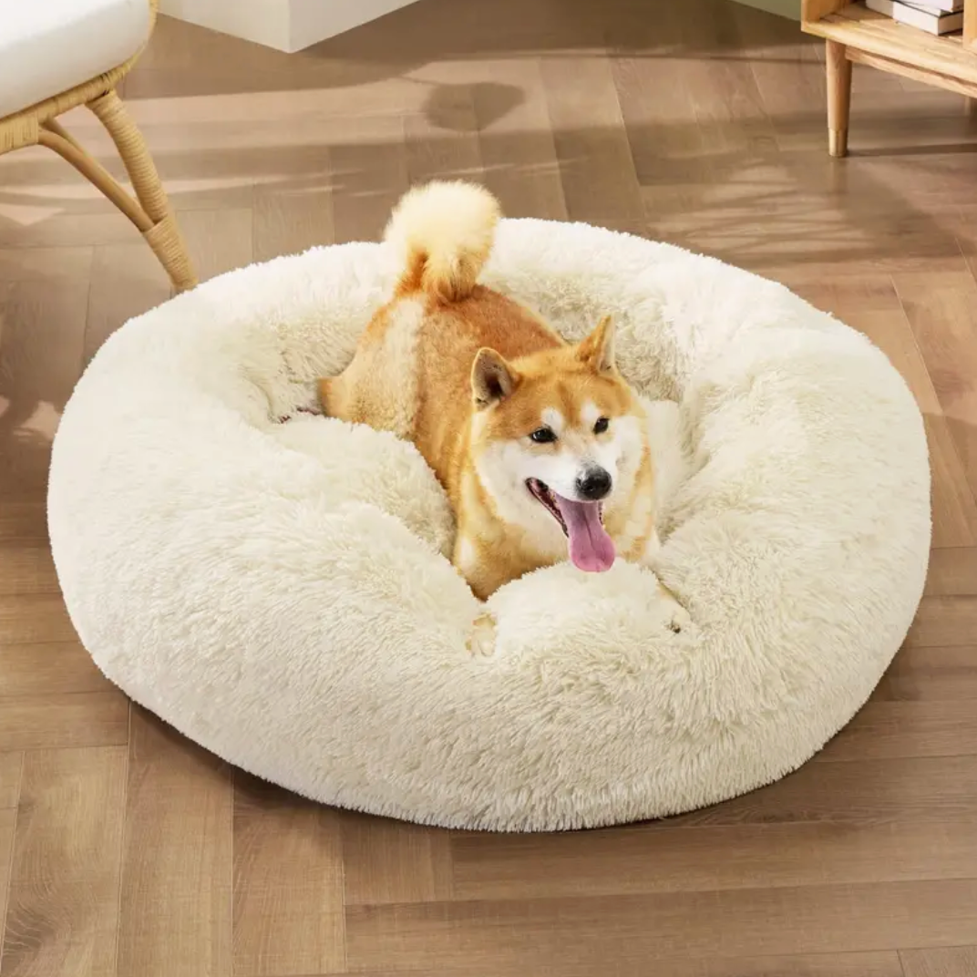 An L-sized Beige Donut Bed by HappinessPaws™, providing a comfortable 60 cm diameter sleeping area.