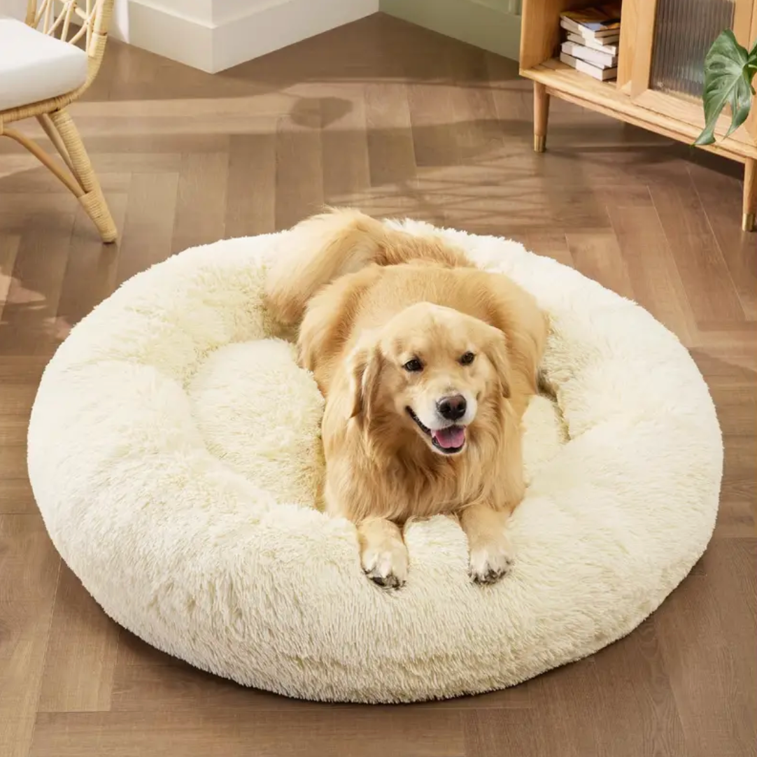 A 5XL-sized Beige Donut Bed by HappinessPaws™, providing a massive 120 cm diameter for maximum comfort