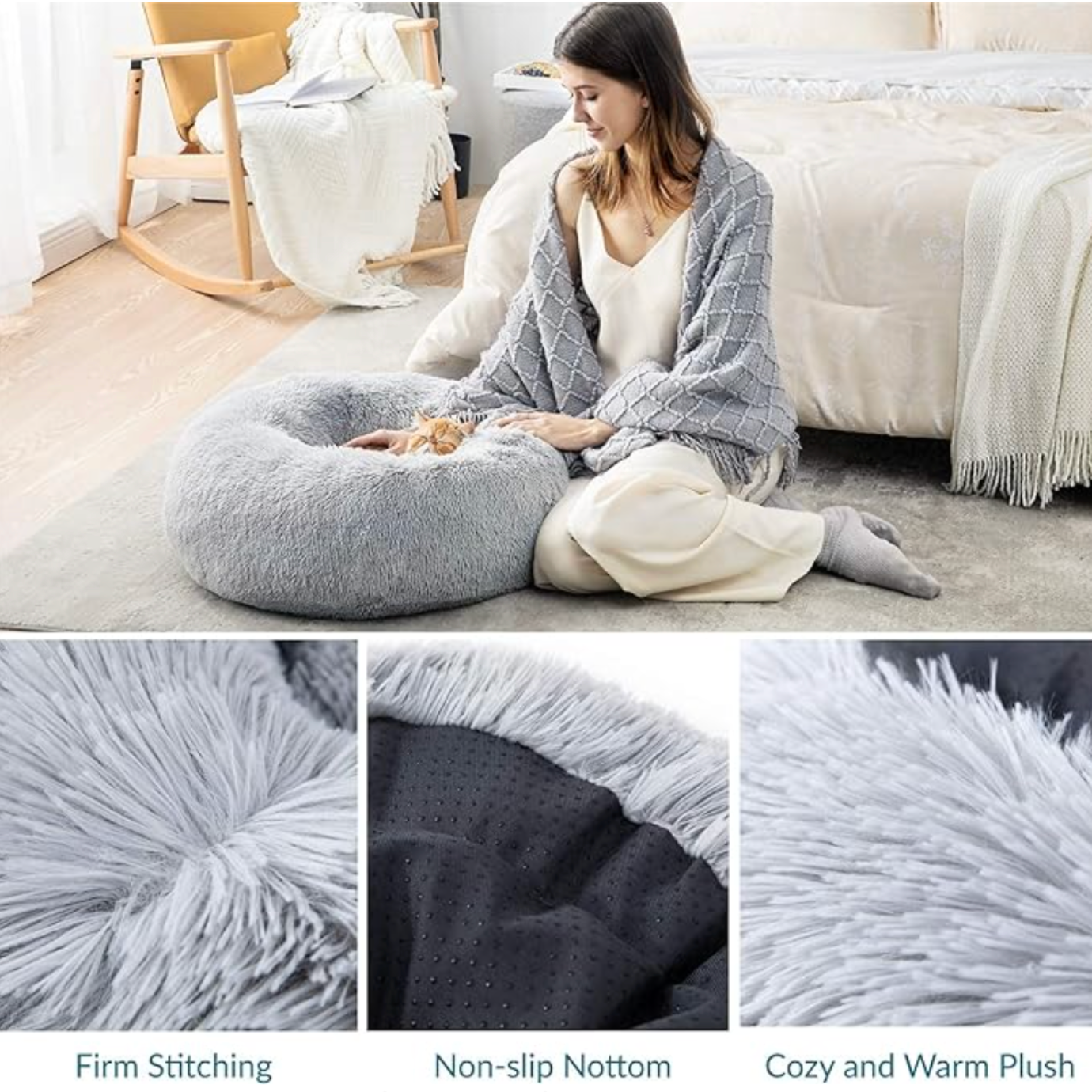 Light Grey Donut Cat Bed by HappinessPaws™ - Easy to Clean and Maintain for Busy Pet Owners