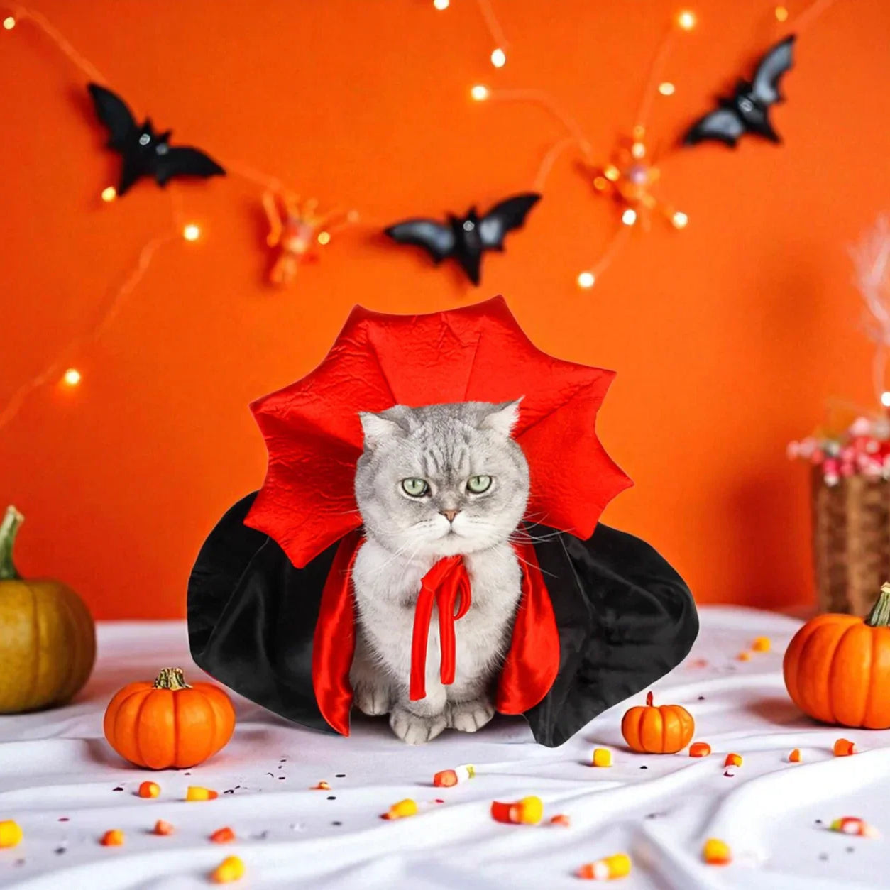 Cat in a Halloween costume with pumpkins and decorations on an orange background