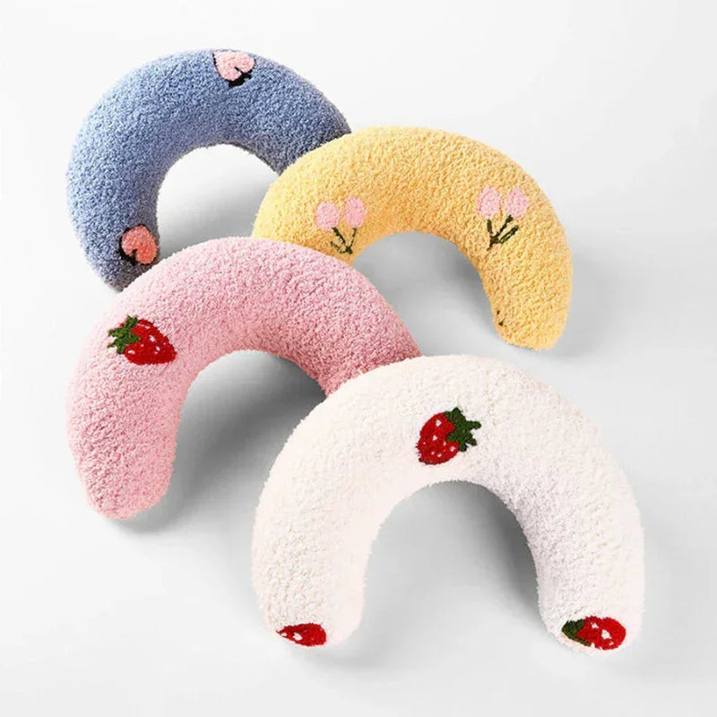 Set of cat calming pillows by HappinessPaws™ in blue, pink, yellow, and white color options, designed for ultimate comfort for pets.