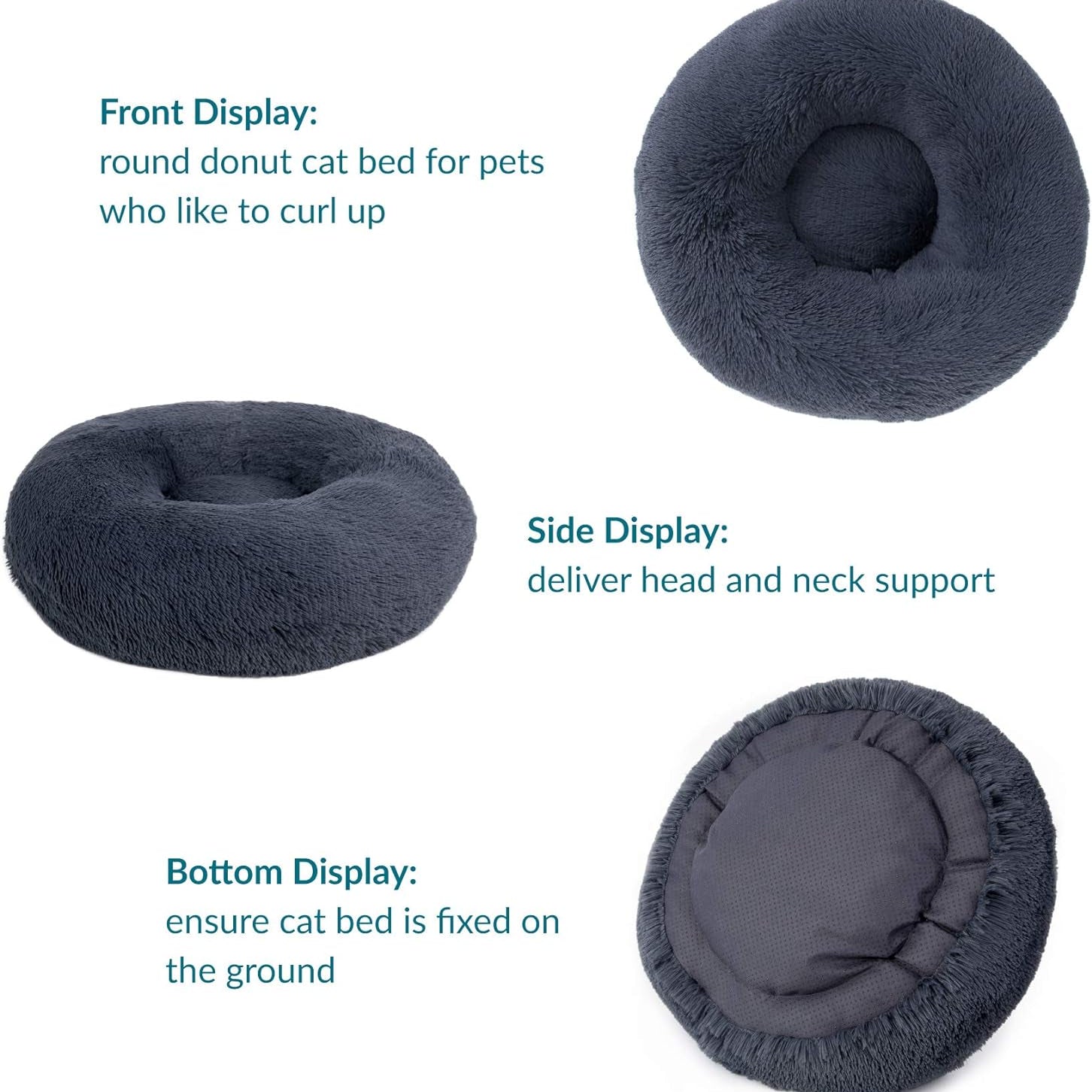 Dark Grey Donut Cat Bed by HappinessPaws™ - Non-Slip Bottom for Stability on Any Surface