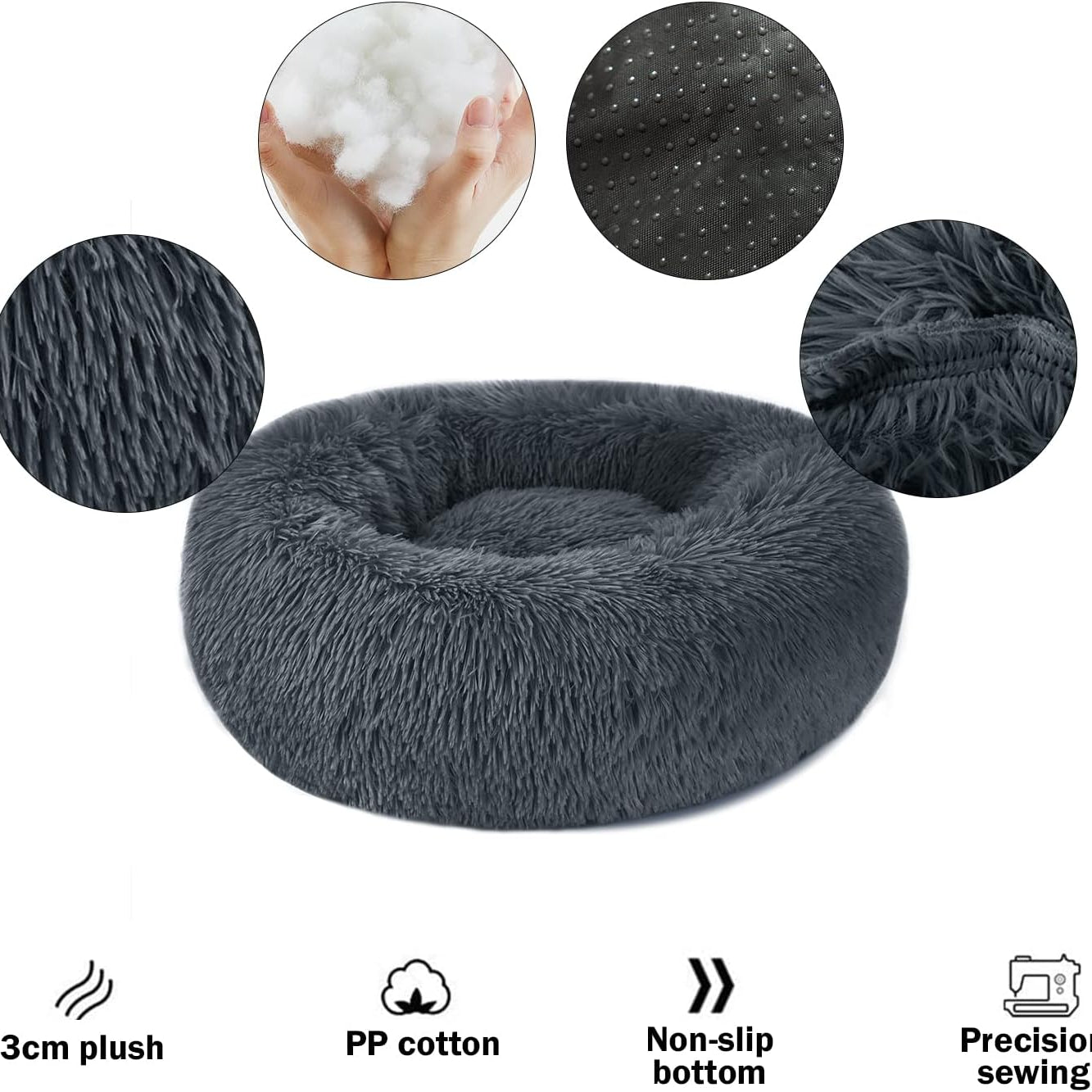 Dark Grey Donut Cat Bed by HappinessPaws™ - Encourages Restful Sleep for Cats of All Ages