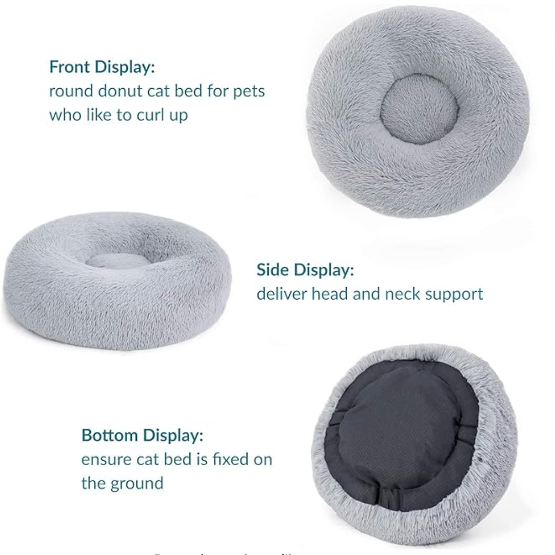 Light Grey Donut Cat Bed by HappinessPaws™ - Non-Slip Bottom for Stability on Any Surface
