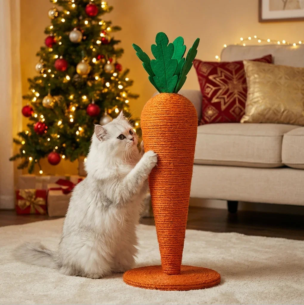 Carrot cat scratcher with cat