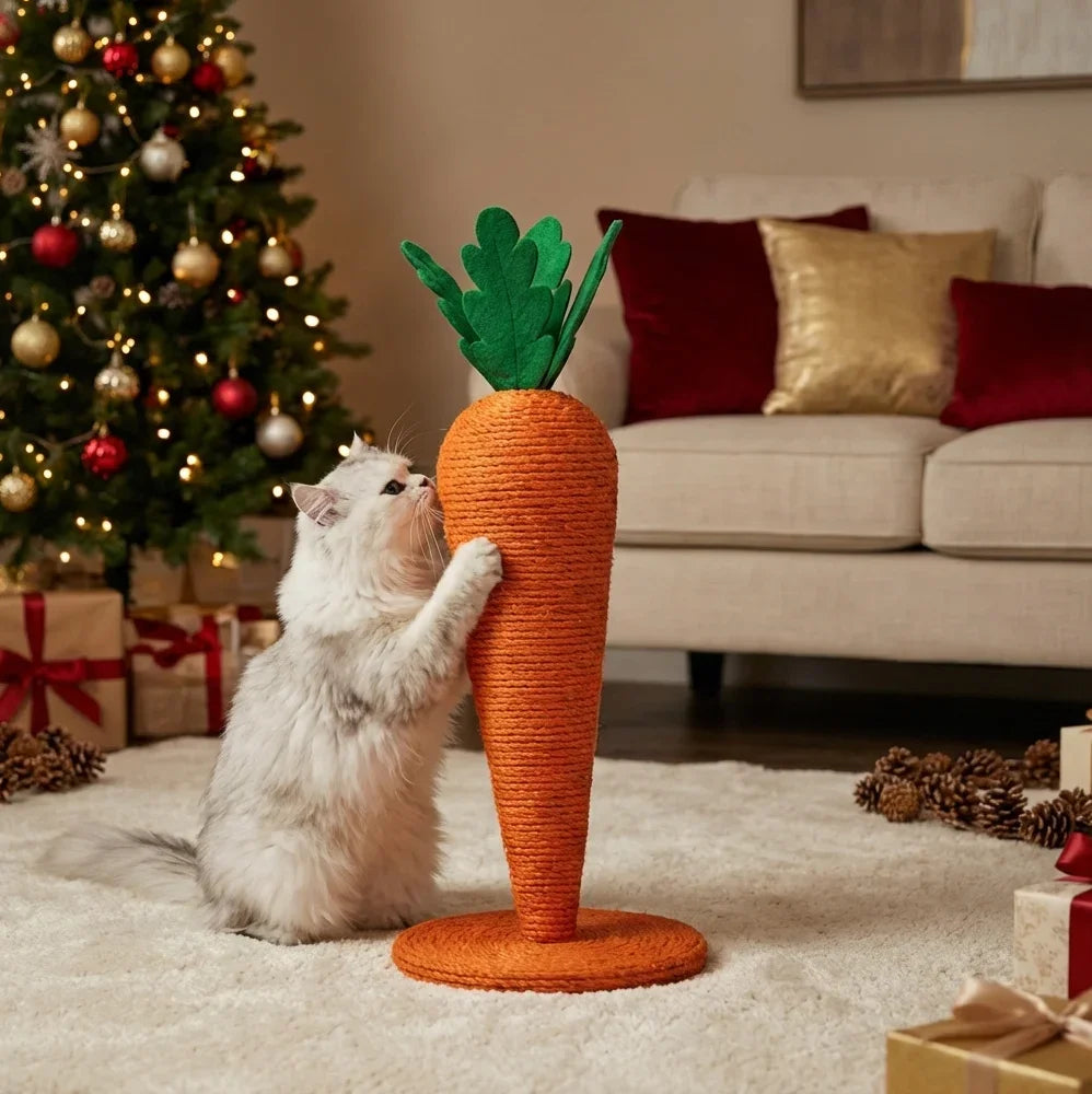 Cat playing with a carrot-shaped scratching post in a living room with a Christmas tree and presents.