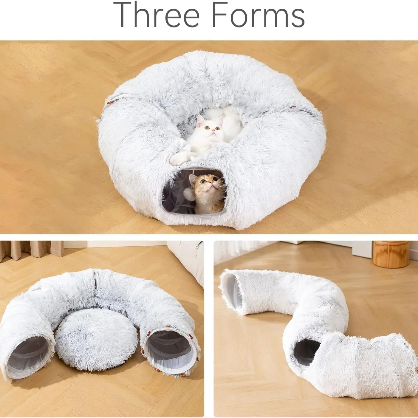 Three configurations of the HappinessPaws™ cat tunnel bed: round, S-shape, and straight