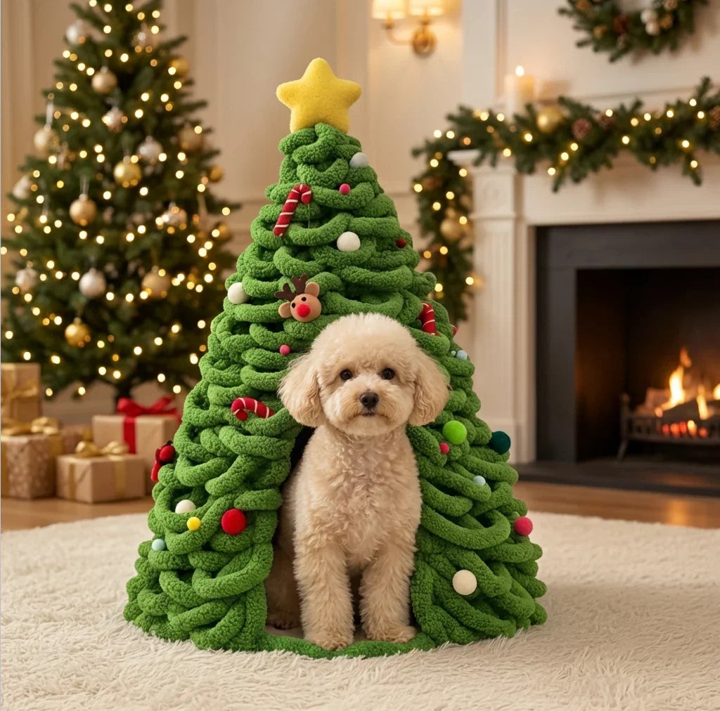 Small poodle sitting in the Christmas Dog Bed in a cozy living room with Christmas tree, fireplace and holiday gifts.