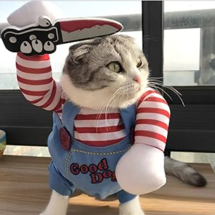 Cat wearing a Chucky costume with red-striped arms, holding a toy knife raised in the air.