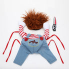 Full view of the Chucky costume with red-striped shirt, overalls, red buttons, and a red wig.