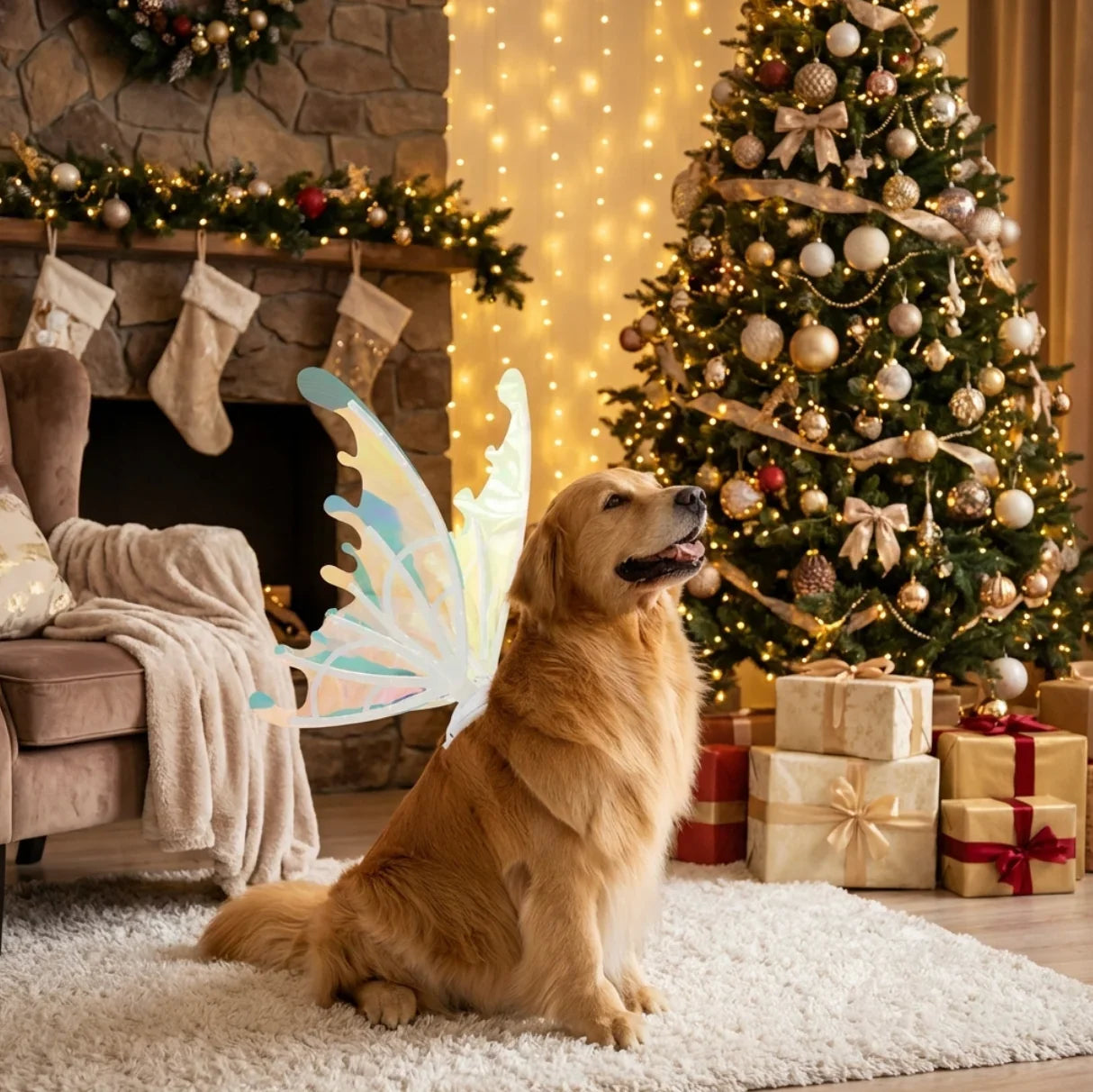 Golden Retriever with glowing fairy wings sitting in a festive holiday room with a stone fireplace, Christmas tree, and wrapped gifts.