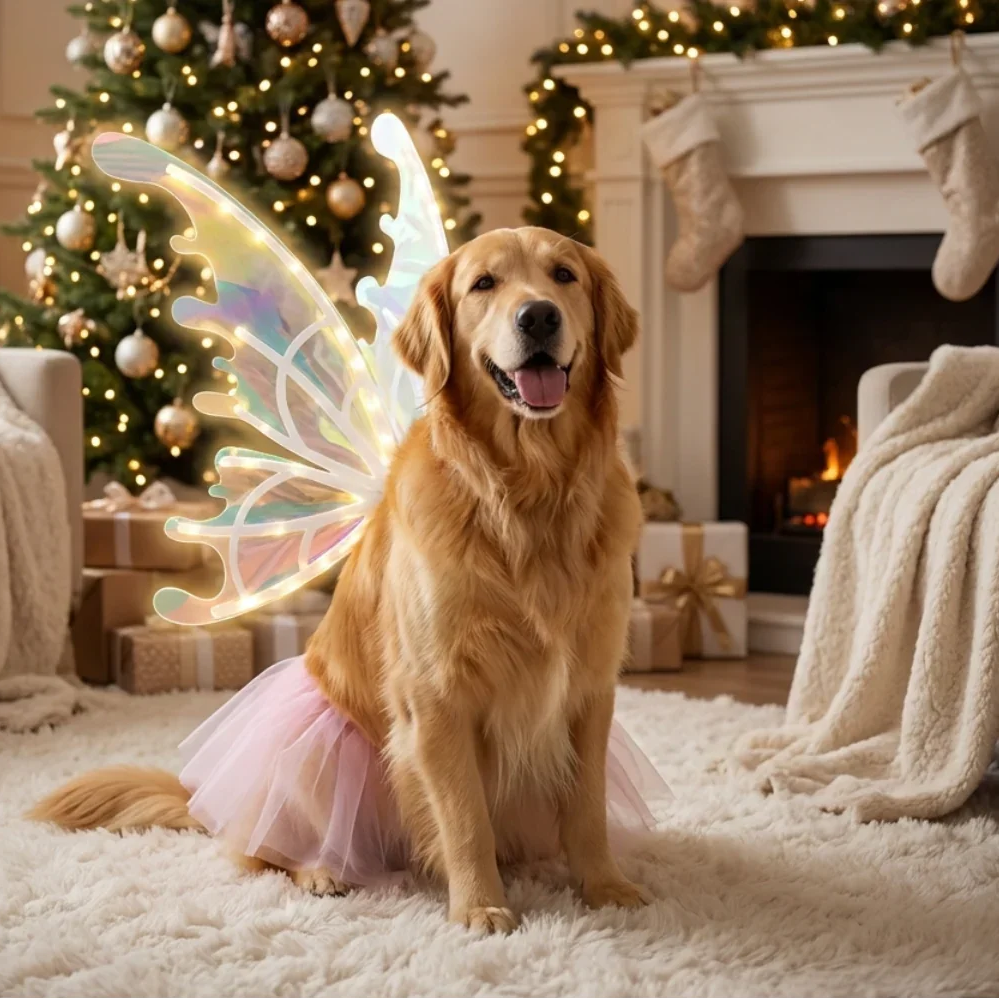 Golden Retriever wearing iridescent fairy wings and a pink tutu, sitting in a cozy Christmas living room with a decorated tree and warm fireplace.