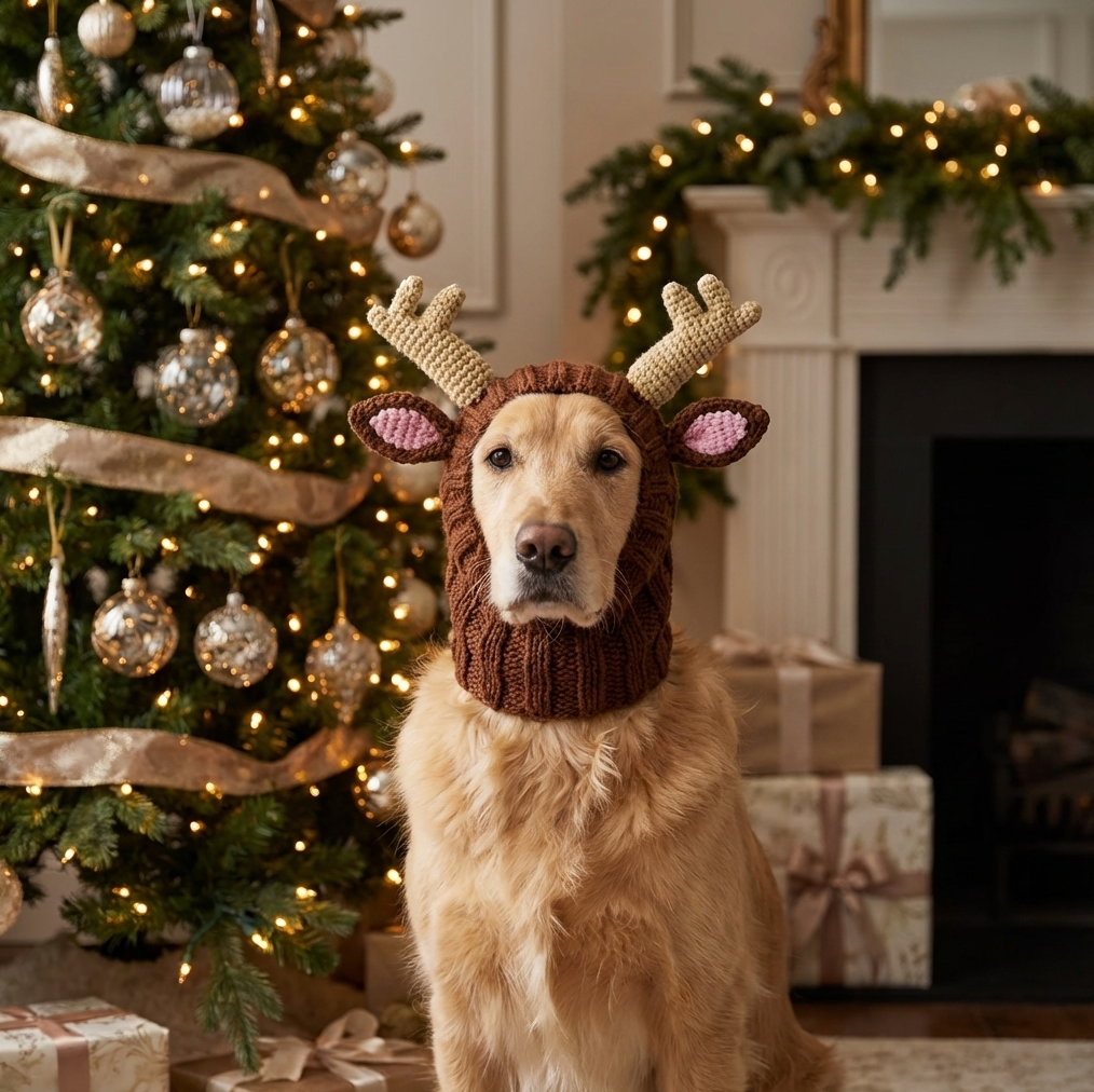 Close-up of a Golden Retriever wearing a knitted reindeer hood in a festive holiday living room.
