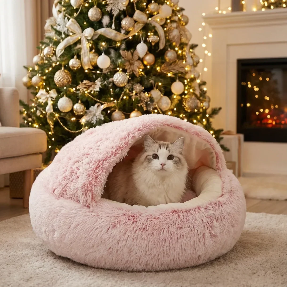 Cat resting inside a pink fluffy cozy cocoon bed in a warm Christmas living room with a decorated tree and fireplace
