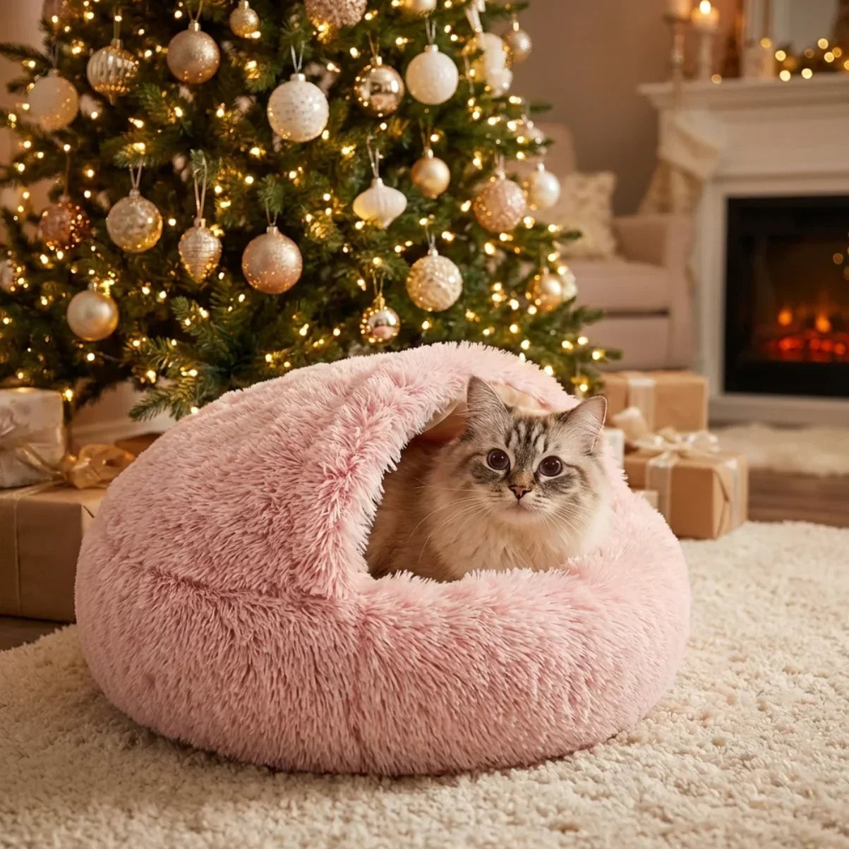 Cat sitting inside a pink fluffy cozy cocoon bed in a warm Christmas living room with a decorated tree and fireplace