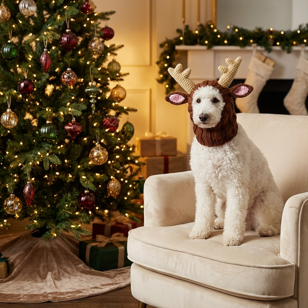 Curly white dog wearing a reindeer hood sitting on a beige chair next to a decorated Christmas tree.