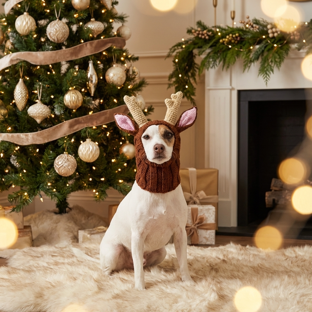 White dog wearing a reindeer hood sitting on a fluffy rug with Christmas tree lights in the background.