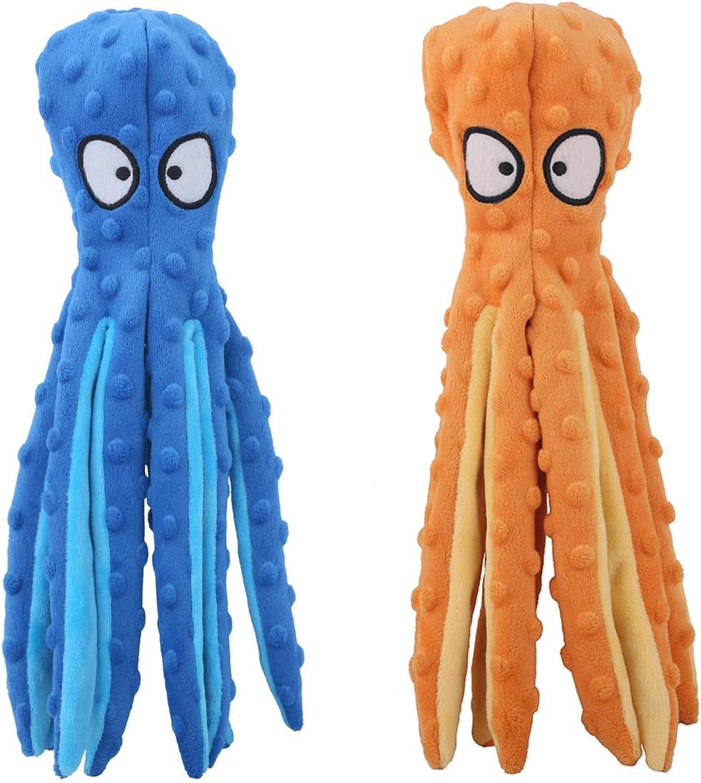 A playful Octopus Indestructible & Squeaky dog toy by HappinessPaws™ in striking Blue and Orange hues, perfect for interactive play.