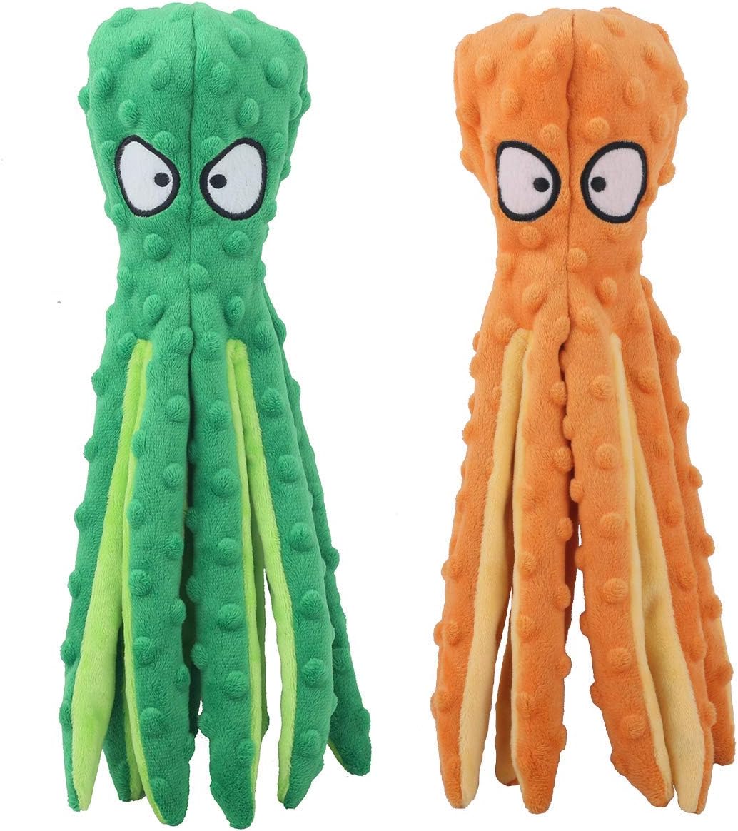 The Octopus Indestructible & Squeaky dog toy by HappinessPaws™ in lively Green and Orange shades, designed for long-lasting entertainment.