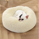 An M-sized Beige Donut Bed by HappinessPaws™, offering a cozy 50 cm diameter for small pets.