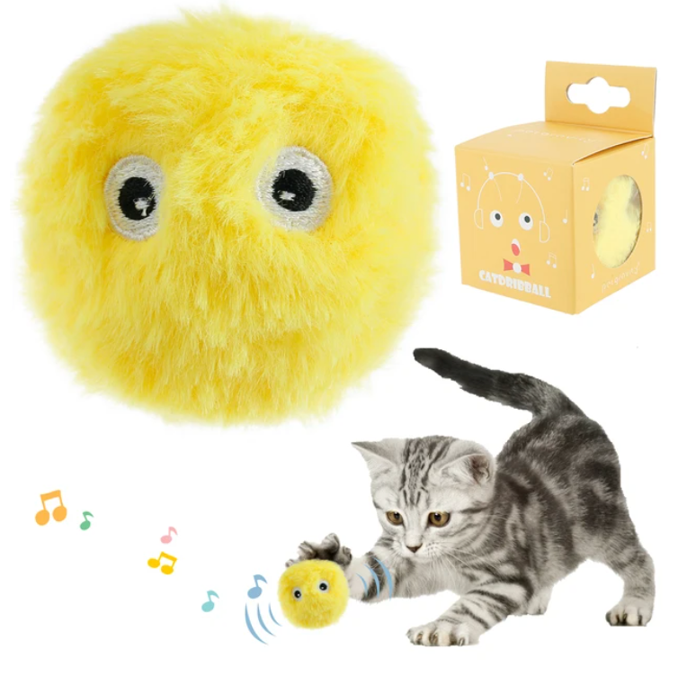 The Yellow-Cricket variant of the Feline Fun Frenzy Ball by HappinessPaws™, providing cats with an exciting chirping sound for added amusement