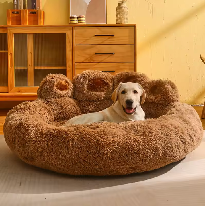 The Brown Soothing HappinessPaws Bed™, a luxurious and inviting space for your pet's relaxation, featuring plush materials and a warm color palette