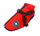 A Red Dog Coat with Harness by HappinessPaws™, offering warmth and security for your furry friend on chilly days