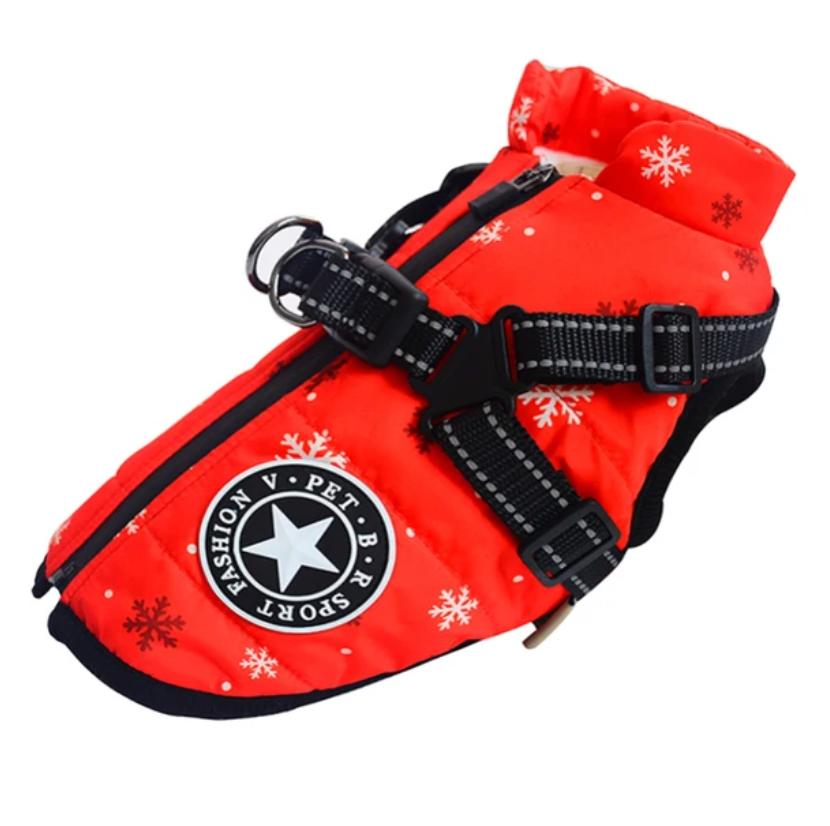 The Christmas-themed Dog Coat with Harness by HappinessPaws™, perfect for spreading holiday cheer during festive seasons