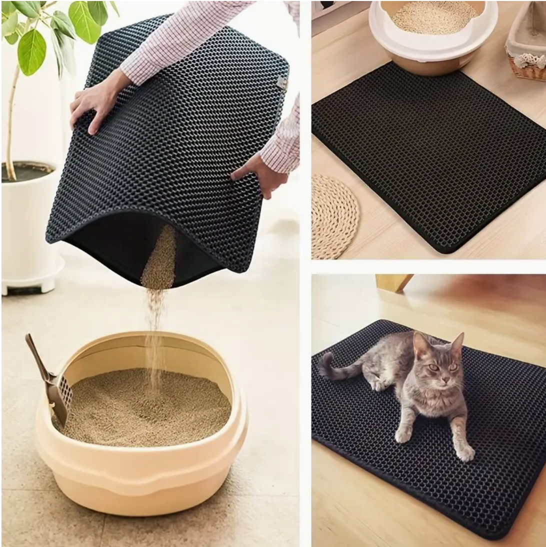 A cat stepping onto the Ultimate Cat Litter Mat by HappinessPaws®, designed to capture litter from paws