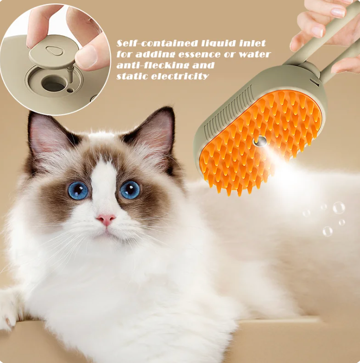 Cat calmly enjoying the anti-static and hydrating grooming from the 3 in 1 Water Cat Brush by HappinessPaws™