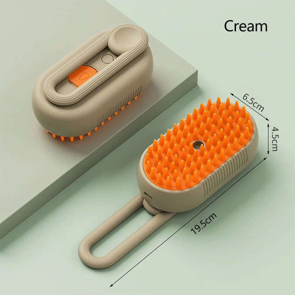 Cream-colored 3 in 1 Cat Brush by HappinessPaws™, showing detailed dimensions and ergonomic bristle design.