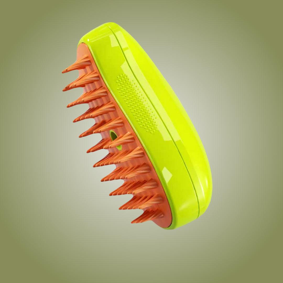 Side view of the green HappinessPaws dog grooming brush with orange bristles, showcasing a modern grooming tool.