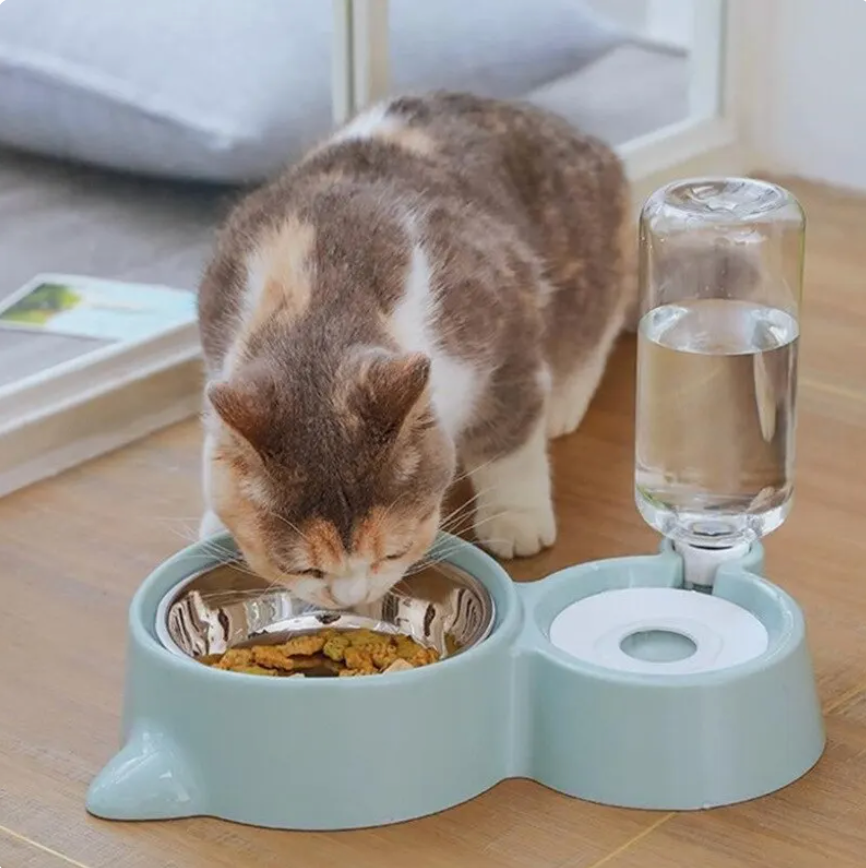 HappinessPaws™ Cat Fountain & Bowl - Modern feeding station for cats with water and food sections.