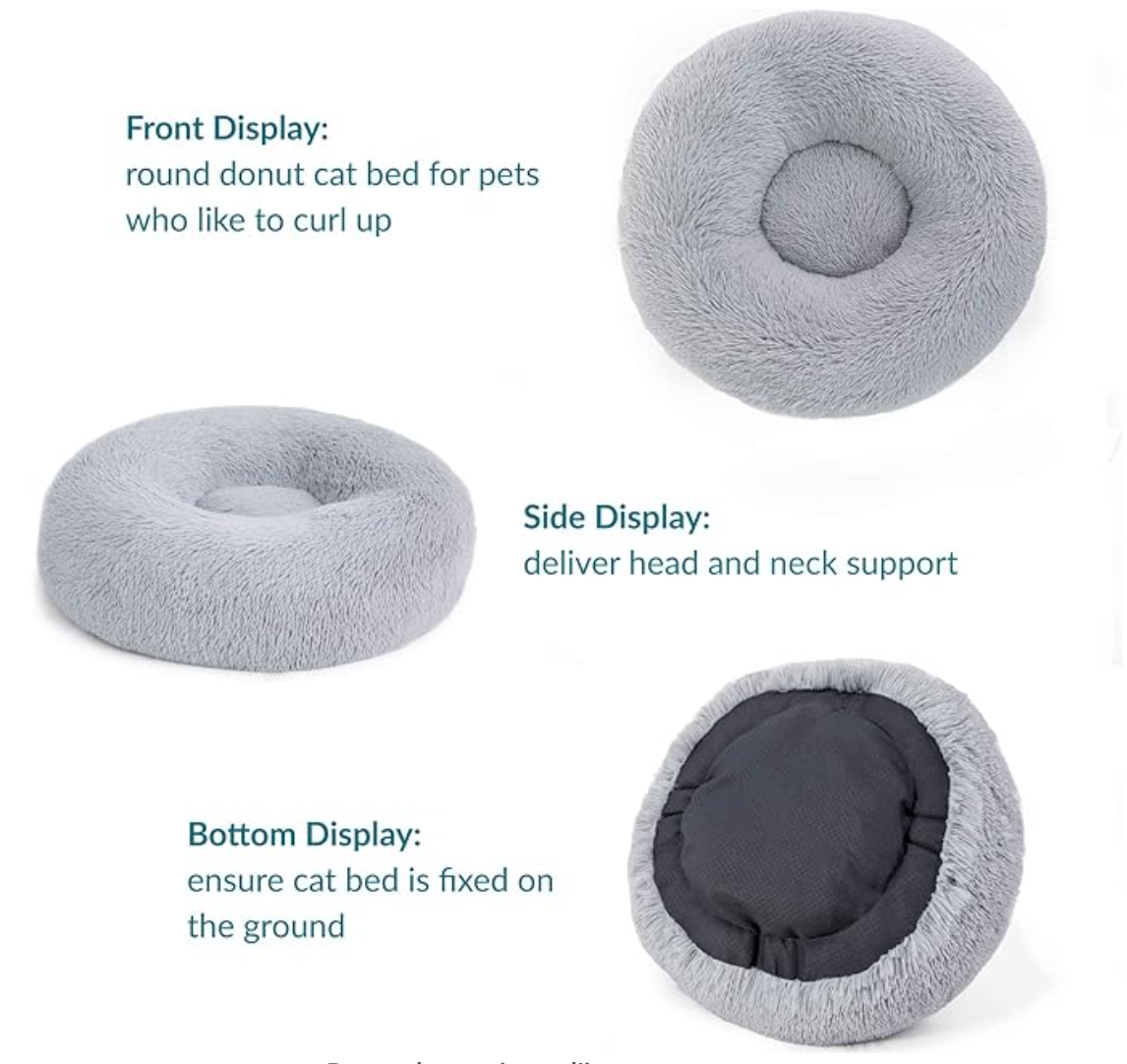 Light Grey Donut Cat Bed by HappinessPaws™ - Non-Slip Bottom for Stability on Any Surface