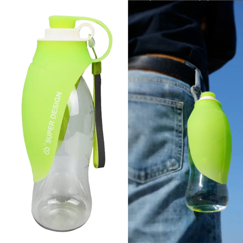 The Travel Water Bottle for Dogs by HappinessPaws™, featuring a leak-proof design and integrated drinking bowl for mess-free hydration.