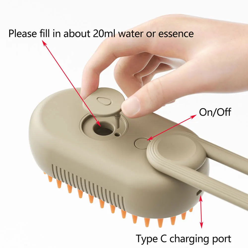 Filling the 3 in 1 Water Cat Brush by HappinessPaws™ with 20ml of water or essence, with on/off button and Type C charging port.