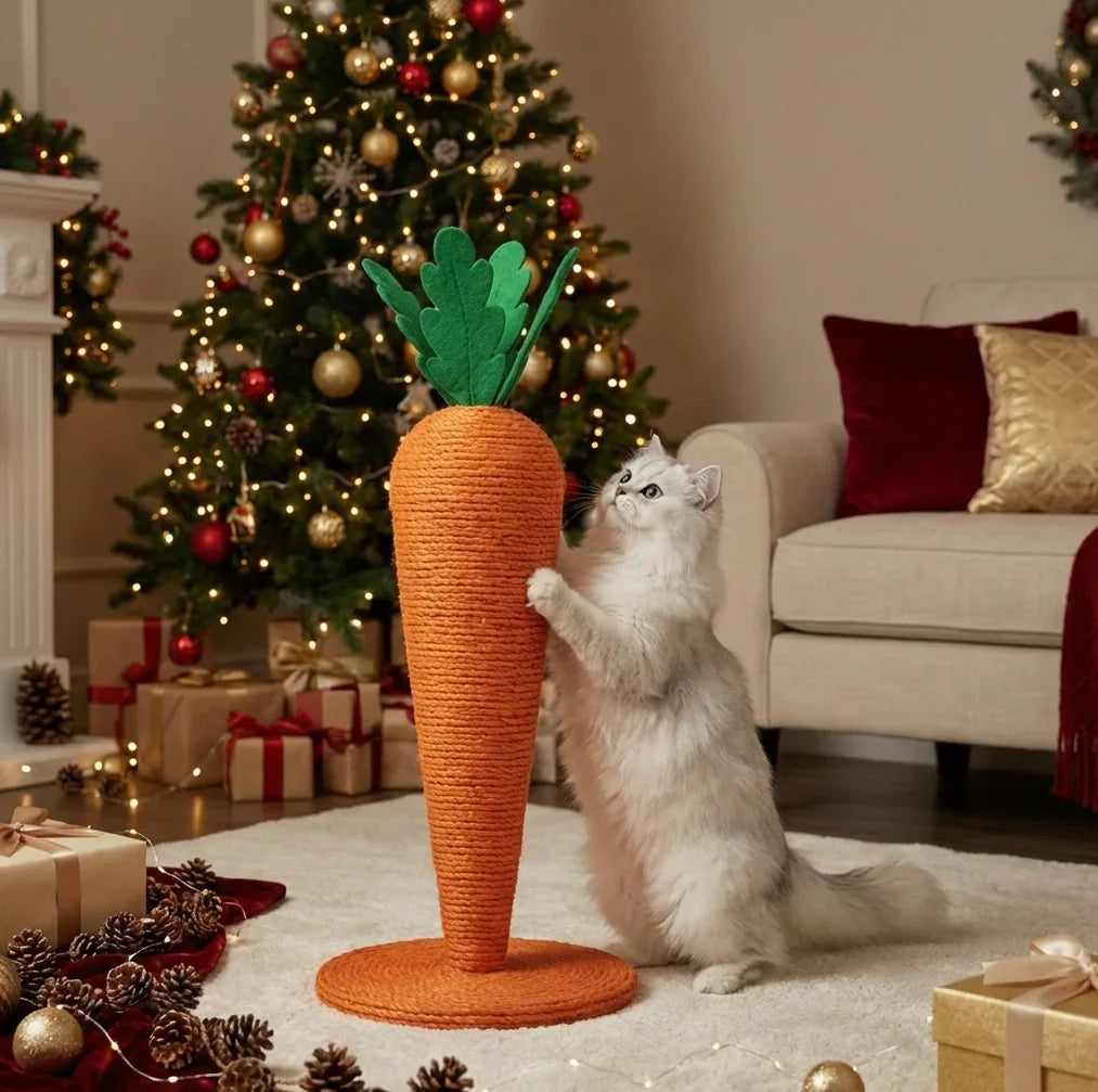 Cat playing with a carrot-shaped toy in a festive living room with a Christmas tree and presents.