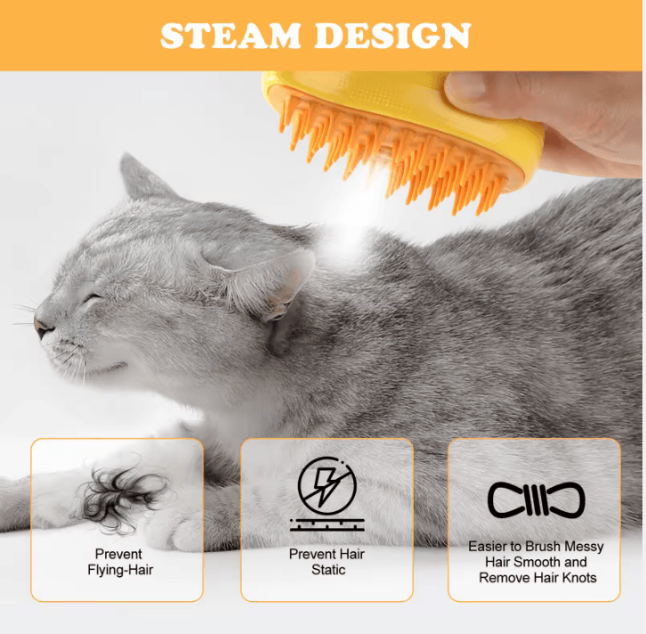 3-in-1 Cat Brush with Steam Design by HappinessPaws – Prevents Hair Static, Knots, and Flyaway Hair