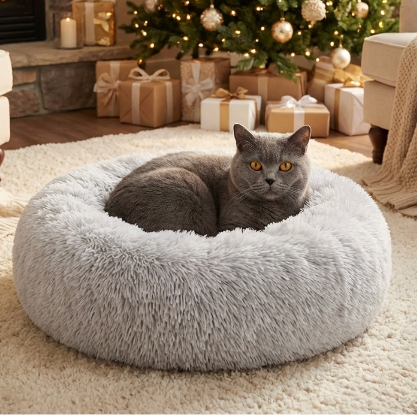 Grey British Shorthair cat resting in a fluffy grey cocoon bed in front of a Christmas tree with gifts and warm holiday decor.