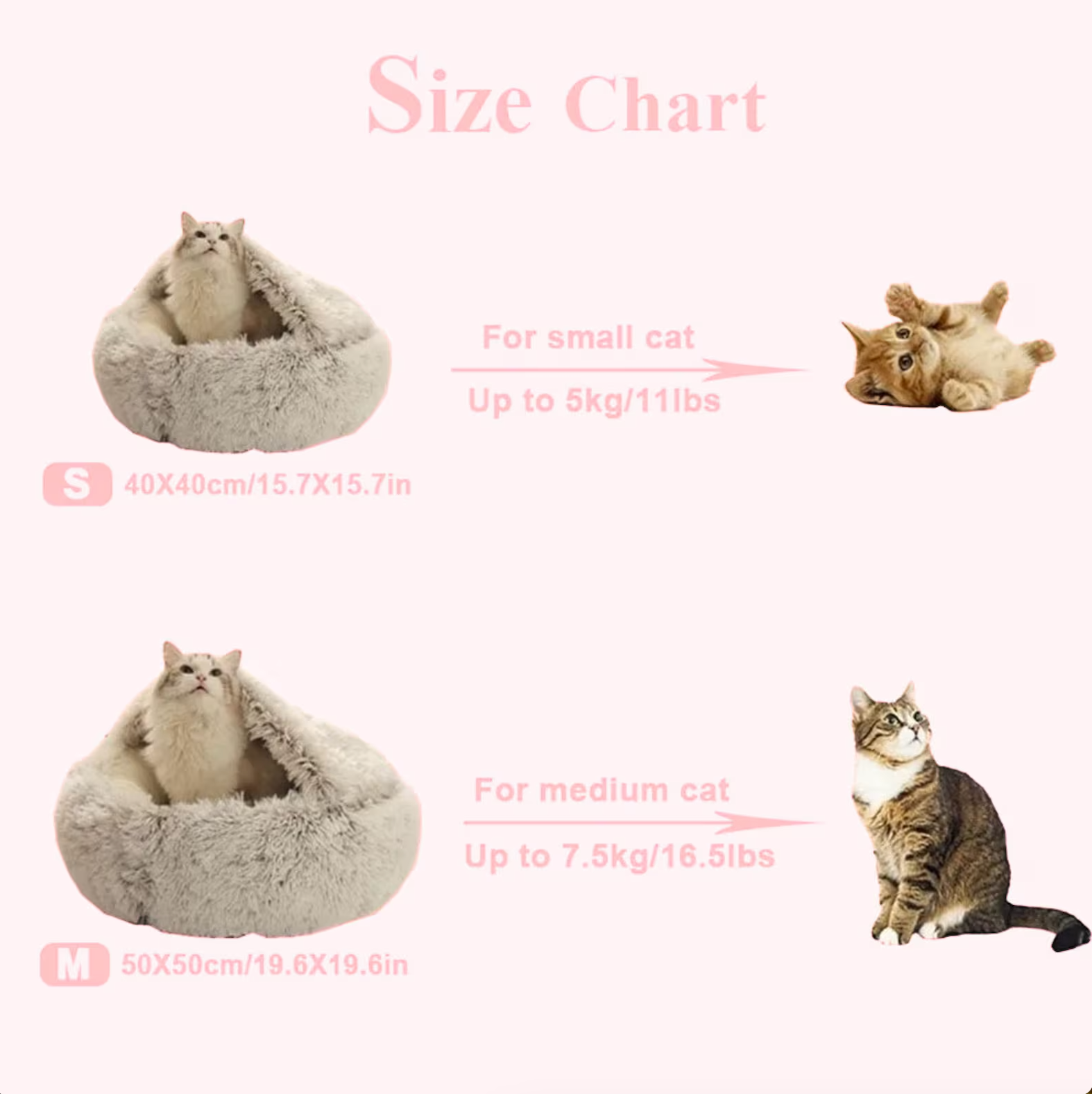 Cat Cozy Cocoon HappinessPaws™ Size Chart for small, medium, and large cats