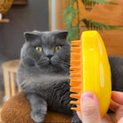 Gray cat looking at HappinessPaws® 3 in 1 Cat Steamy Brush for grooming