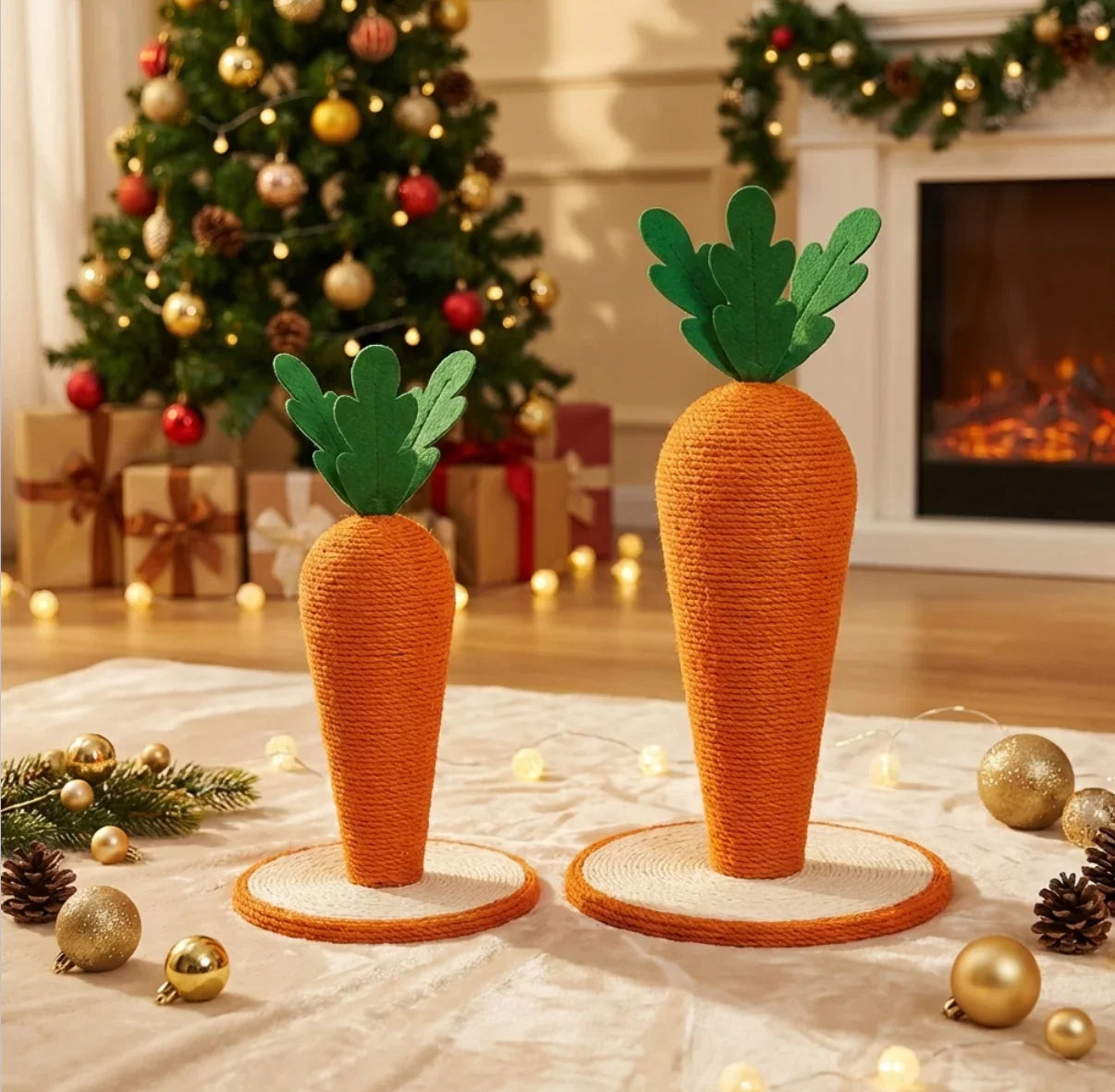 Two carrot-shaped decorations on a table with Christmas tree and fireplace in the background