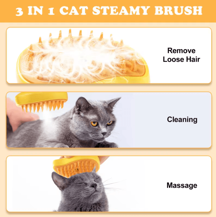 3 in 1 Cat Steamy Brush by HappinessPaws® infographic showing grooming benefits.