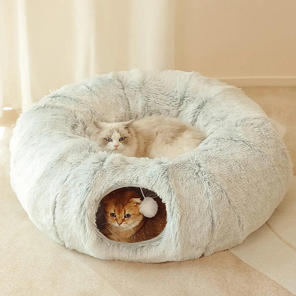 Two cats relaxing in a cozy cat tunnel bed by HappinessPaws™