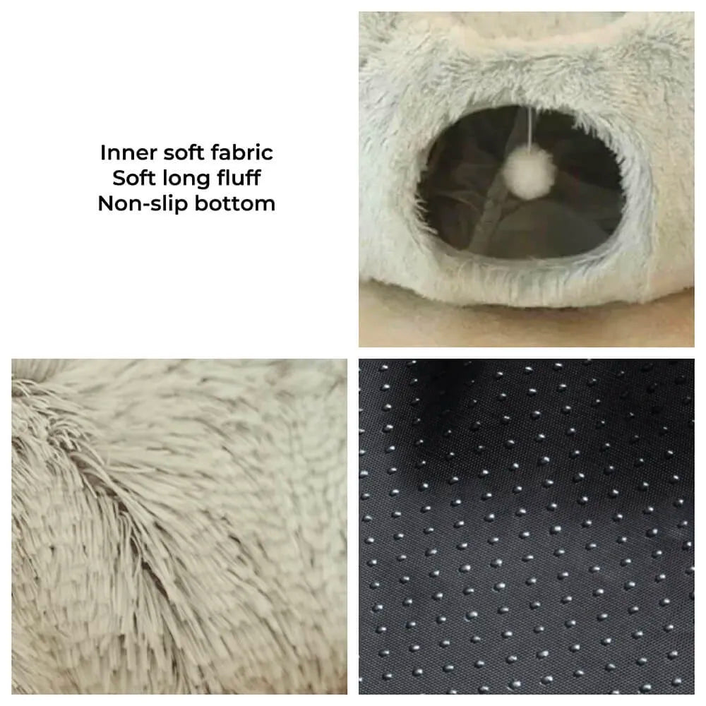 Close-up of soft fabric, fluffy texture, and non-slip bottom of the HappinessPaws™ cat tunnel bed