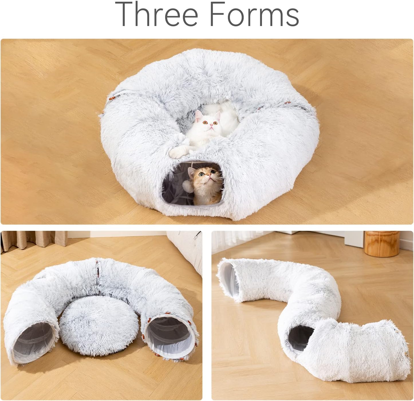 Three configurations of the HappinessPaws™ cat tunnel bed: round, S-shape, and straight