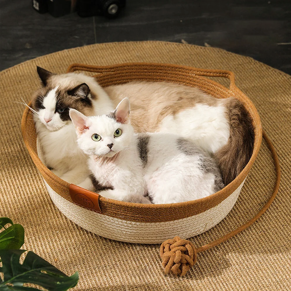 Two cats lounging comfortably in the Chic Osier Cat Bed by HappinessPaws™, crafted from natural wicker.